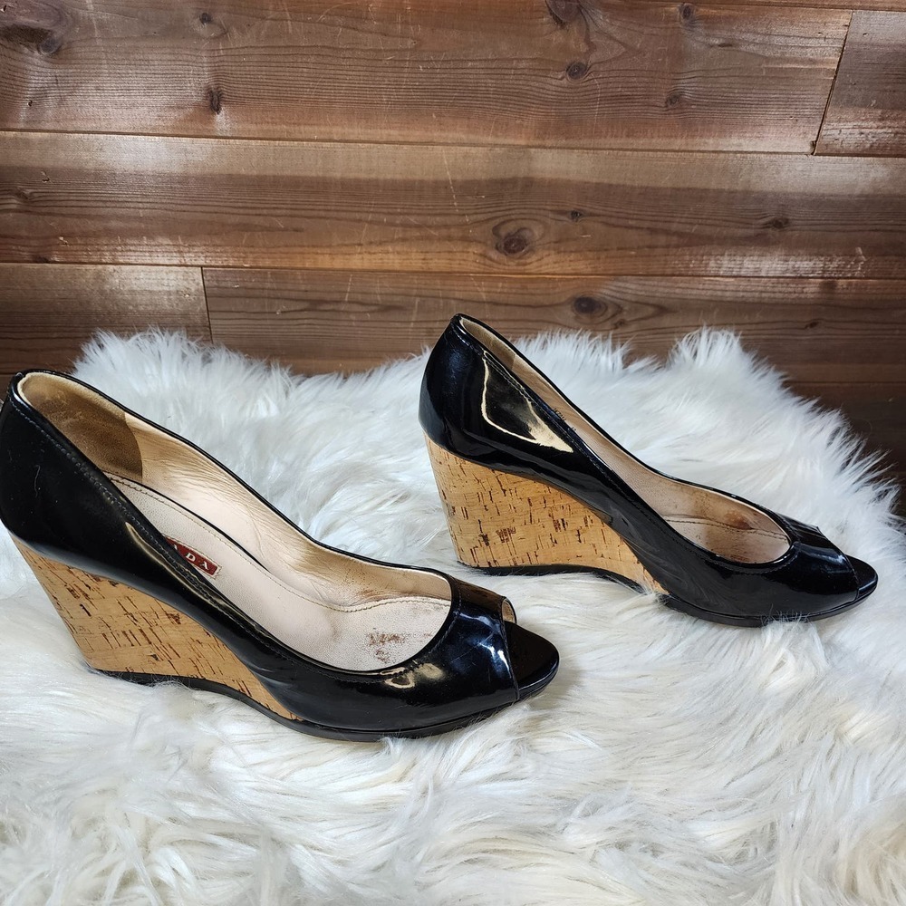 Prada Black Patent Leather Cork Wedge Heels Sz 40 - Picture 4 of 14